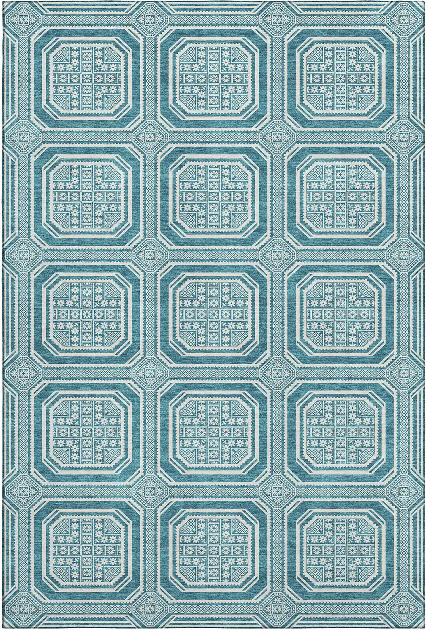 Teal And Ivory Geometric Washable Area Rug With UV Protection Photo 1