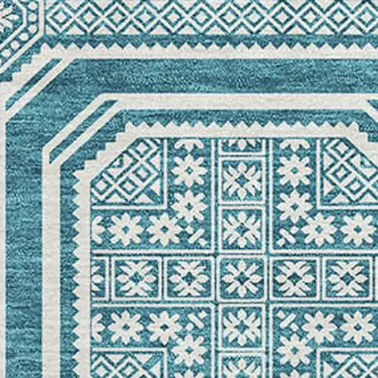 Teal And Ivory Geometric Washable Area Rug With UV Protection Photo 2