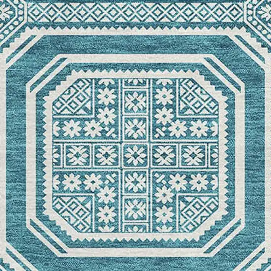 Teal And Ivory Geometric Washable Area Rug With UV Protection Photo 3