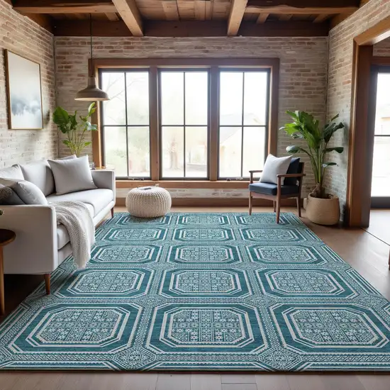Teal And Ivory Geometric Washable Area Rug With UV Protection Photo 5