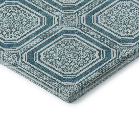 Teal And Ivory Geometric Washable Area Rug With UV Protection Photo 7