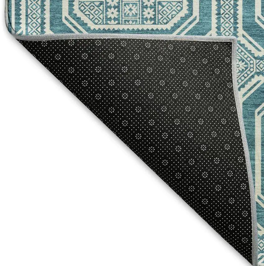 Teal And Ivory Geometric Washable Area Rug With UV Protection Photo 6