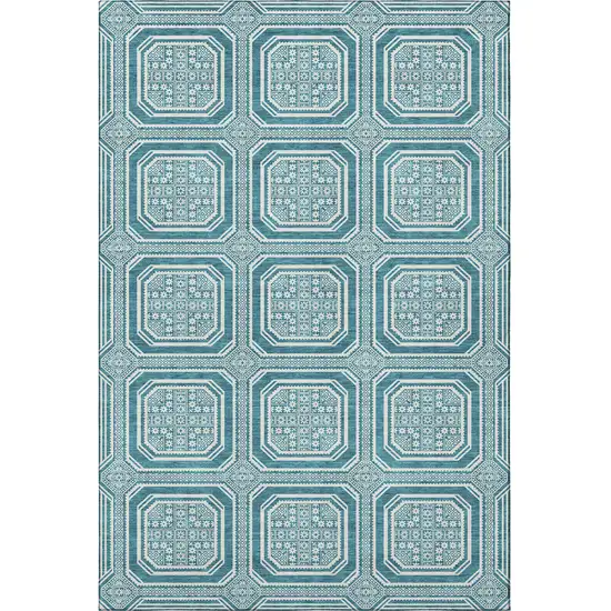 Teal And Ivory Geometric Washable Area Rug With UV Protection Photo 2
