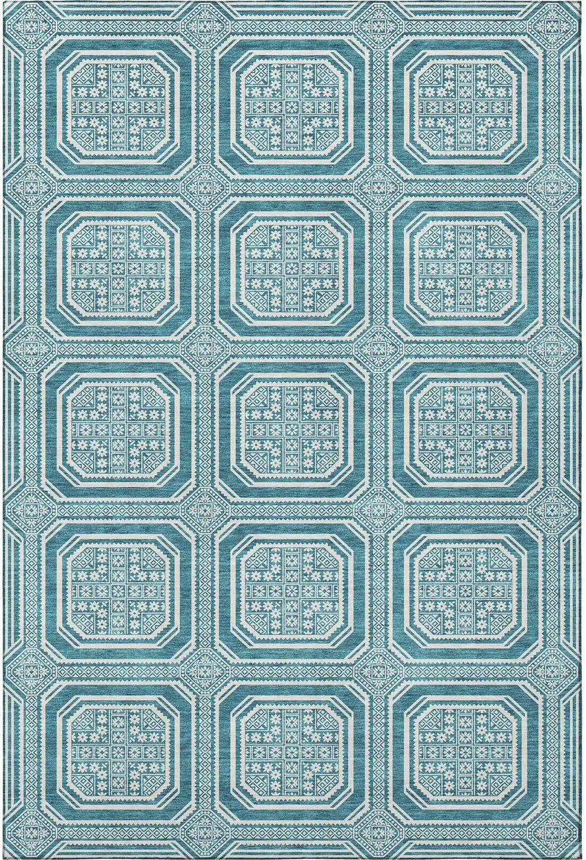 Teal And Ivory Geometric Washable Area Rug With UV Protection Photo 2