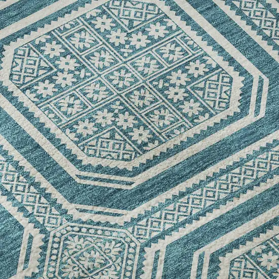 Teal And Ivory Geometric Washable Area Rug With UV Protection Photo 8
