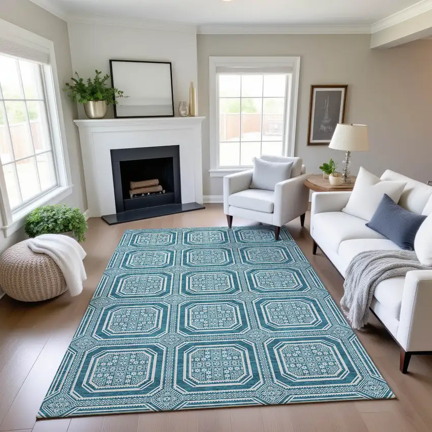 Teal And Ivory Geometric Washable Area Rug With UV Protection Photo 3