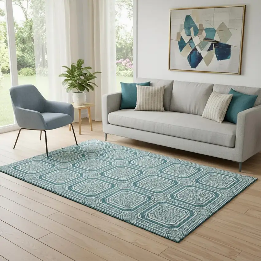 Teal And Ivory Geometric Washable Area Rug With UV Protection Photo 2
