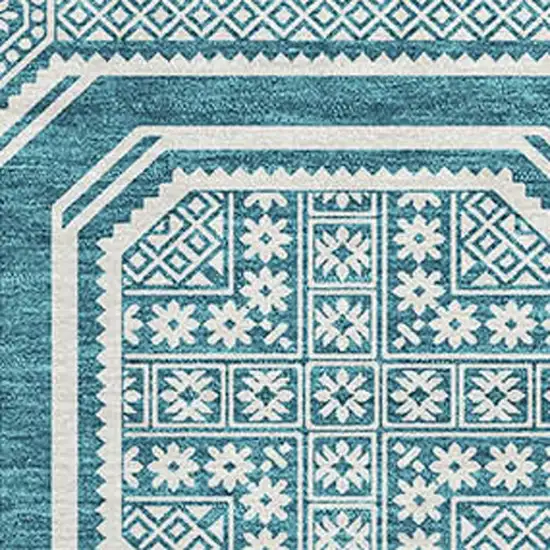 Teal And Ivory Geometric Washable Area Rug With UV Protection Photo 2