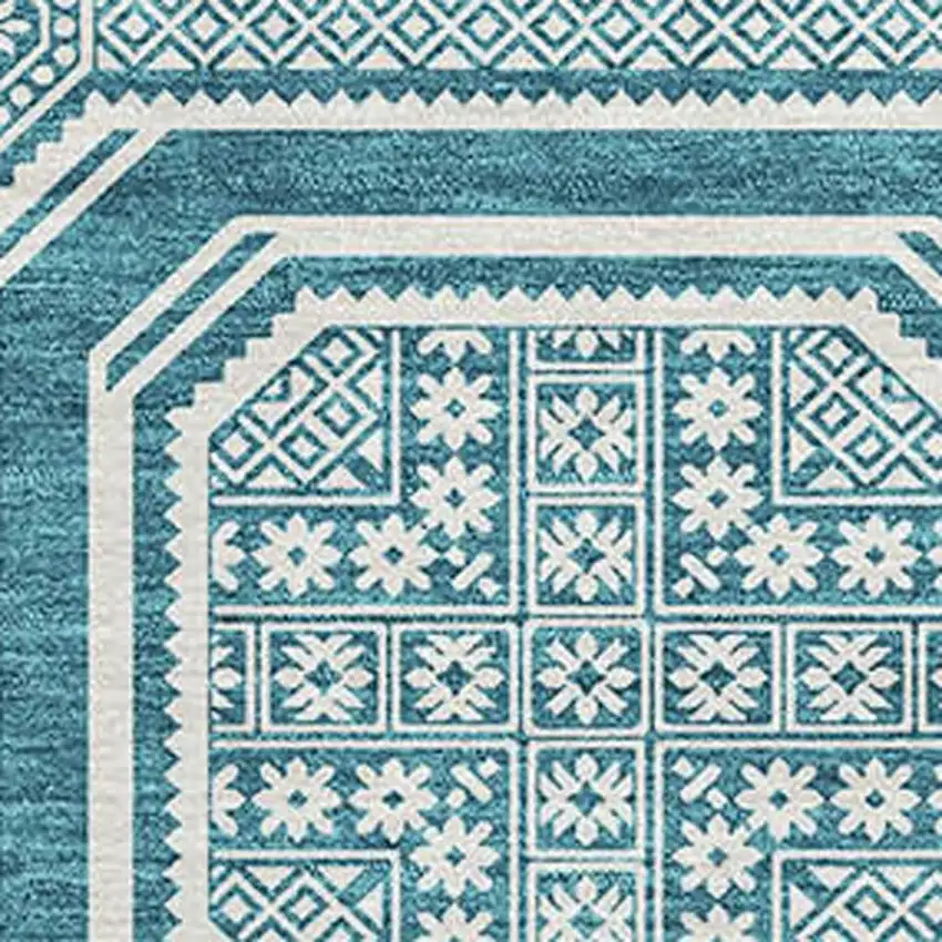 Teal And Ivory Geometric Washable Area Rug With UV Protection Photo 2