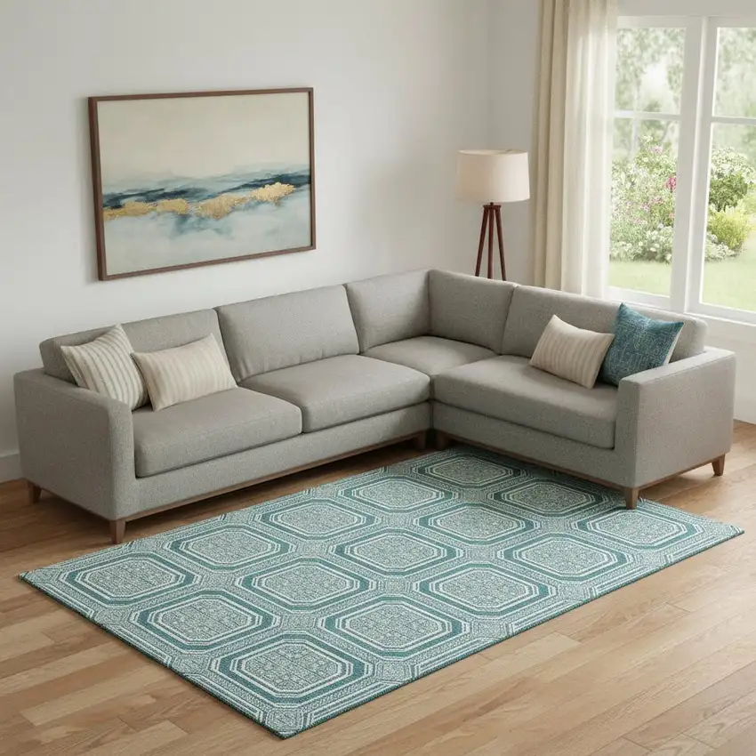 Teal And Ivory Geometric Washable Area Rug With UV Protection Photo 2