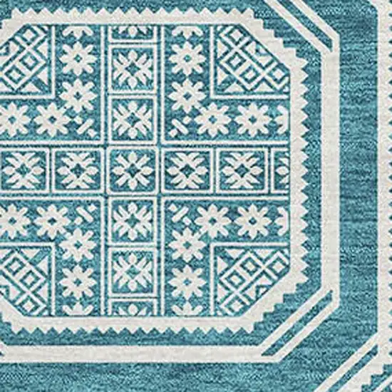 Teal And Ivory Geometric Washable Area Rug With UV Protection Photo 2
