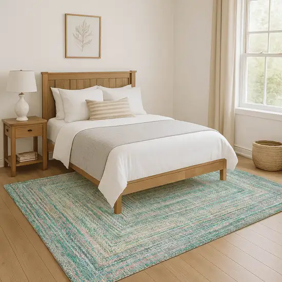 Teal And Ivory Geometric Washable Area Rug With UV Protection Photo 5