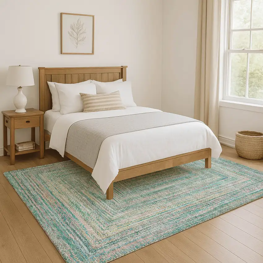 Teal And Ivory Geometric Washable Area Rug With UV Protection Photo 5