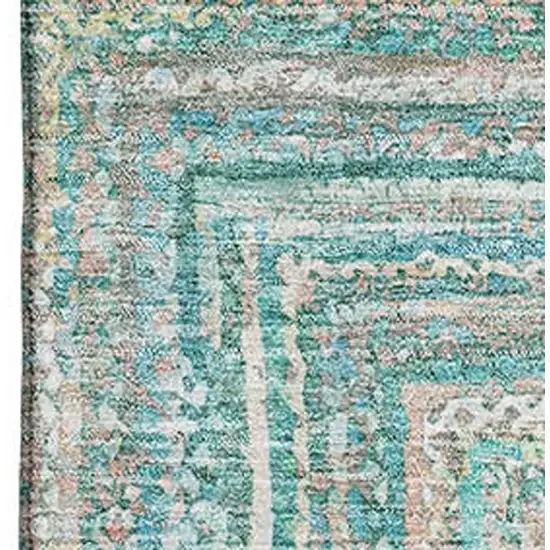 Teal And Ivory Geometric Washable Area Rug With UV Protection Photo 2