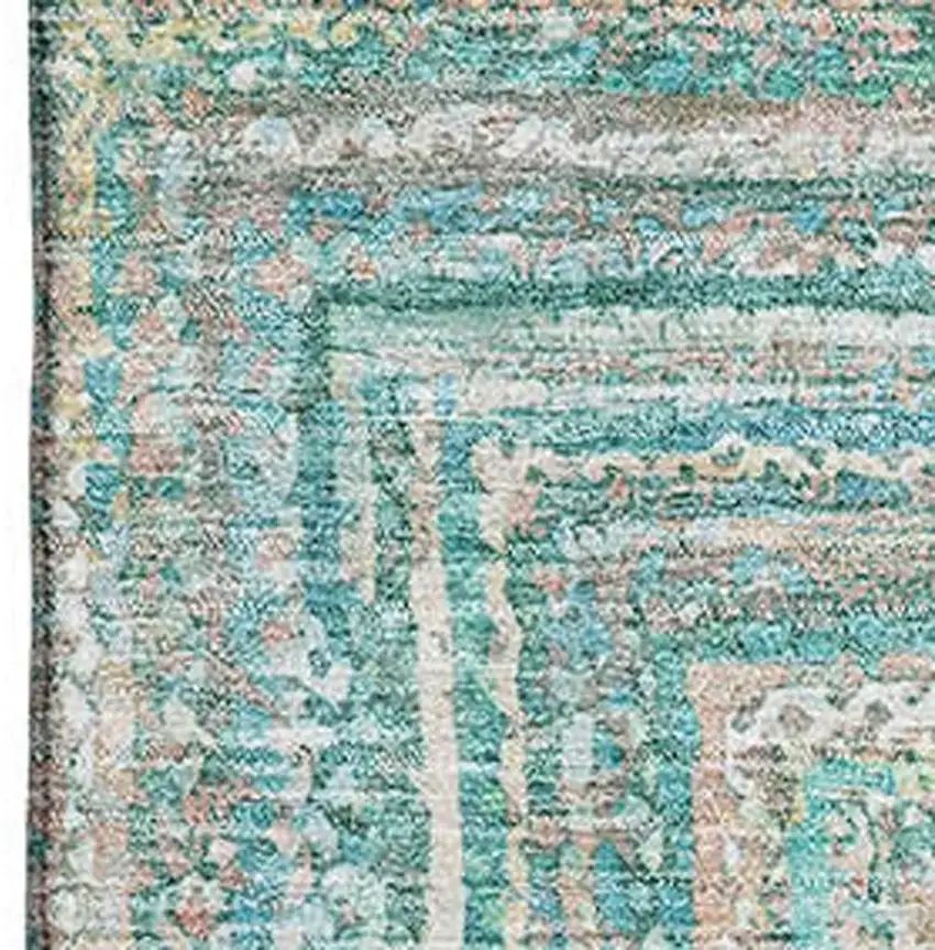 Teal And Ivory Geometric Washable Area Rug With UV Protection Photo 2