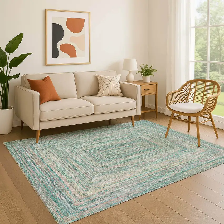 Teal And Ivory Geometric Washable Area Rug With UV Protection Photo 4