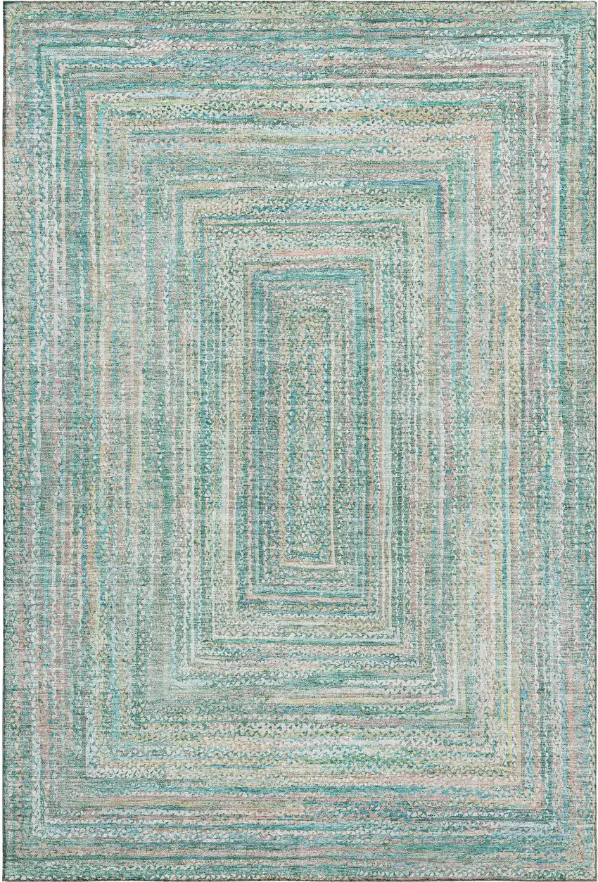 Teal And Ivory Geometric Washable Area Rug With UV Protection Photo 1