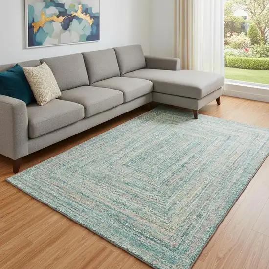 Teal And Ivory Geometric Washable Area Rug With UV Protection Photo 2