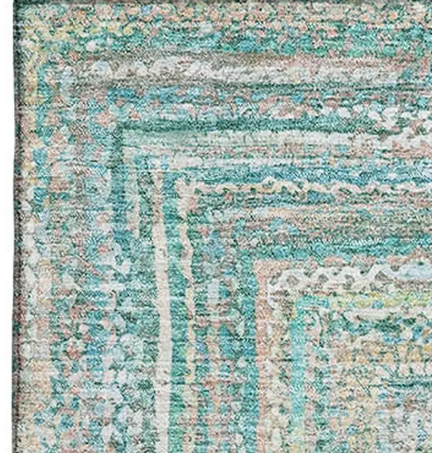 Teal And Ivory Geometric Washable Area Rug With UV Protection Photo 3