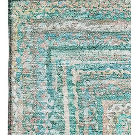 Teal And Ivory Geometric Washable Area Rug With UV Protection Photo 2