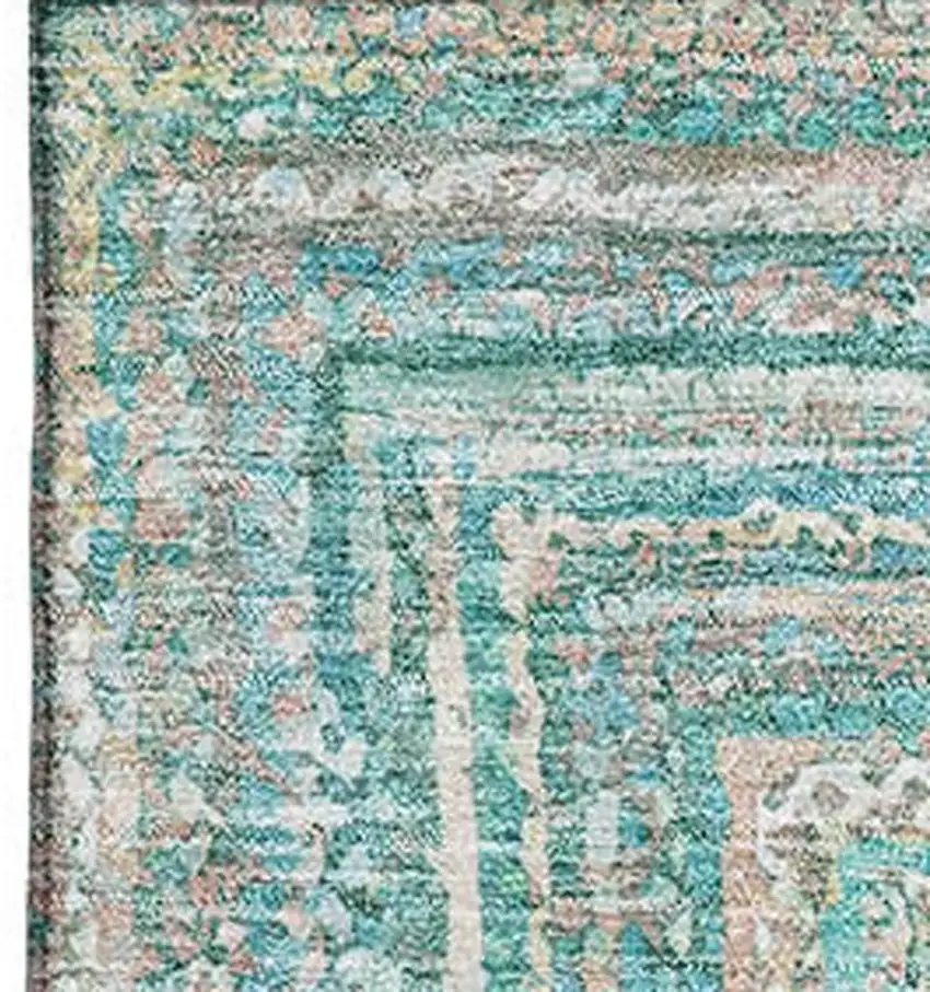 Teal And Ivory Geometric Washable Area Rug With UV Protection Photo 2