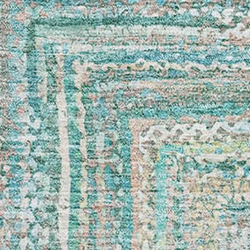 Teal And Ivory Geometric Washable Area Rug With UV Protection Photo 2