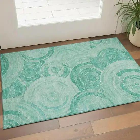 Teal And Ivory Geometric Washable Area Rug With UV Protection Photo 2
