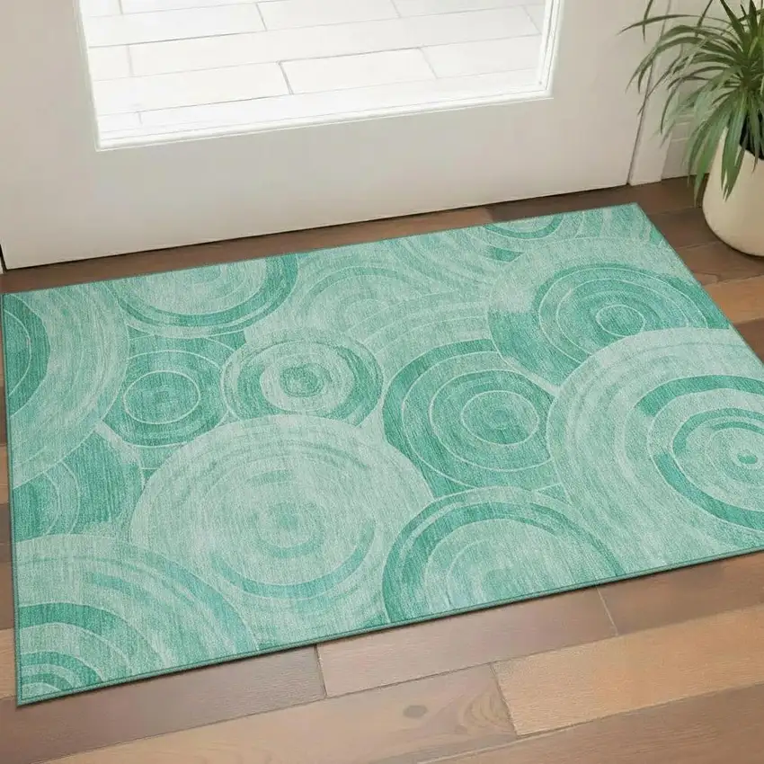 Teal And Ivory Geometric Washable Area Rug With UV Protection Photo 2