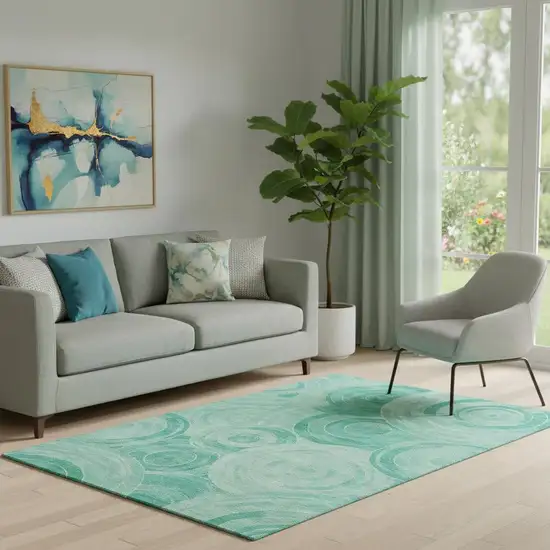 Teal And Ivory Geometric Washable Area Rug With UV Protection Photo 2