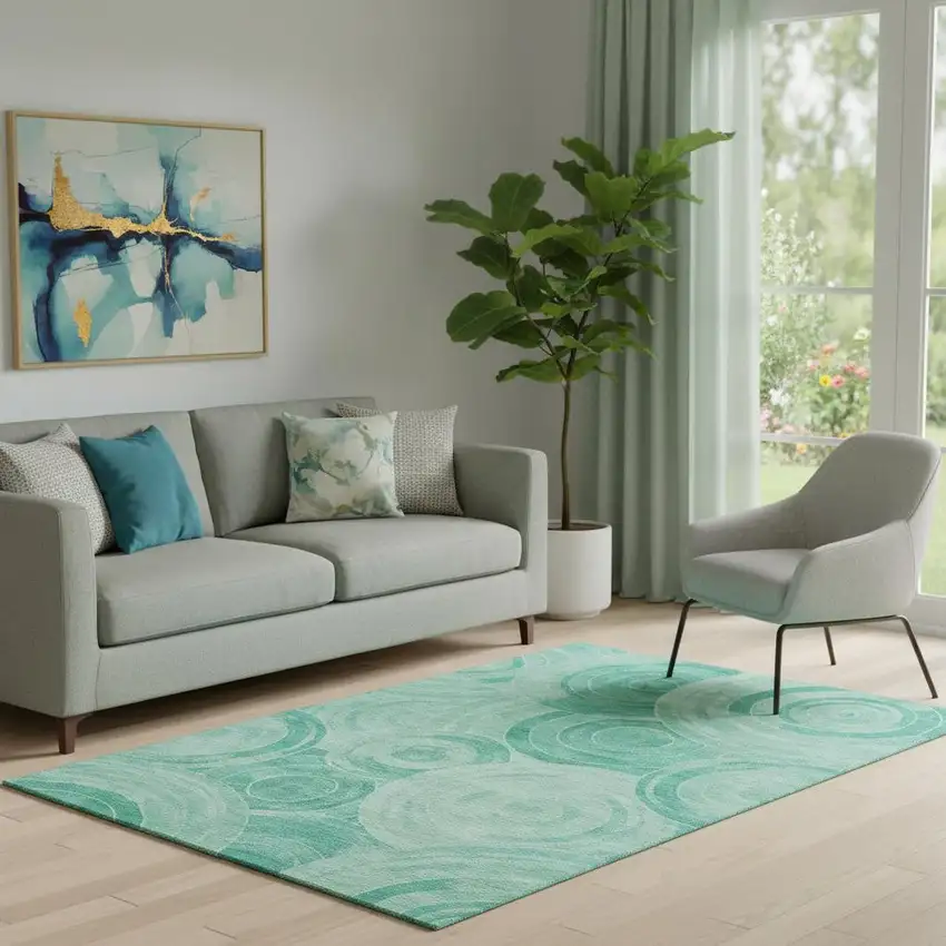 Teal And Ivory Geometric Washable Area Rug With UV Protection Photo 2