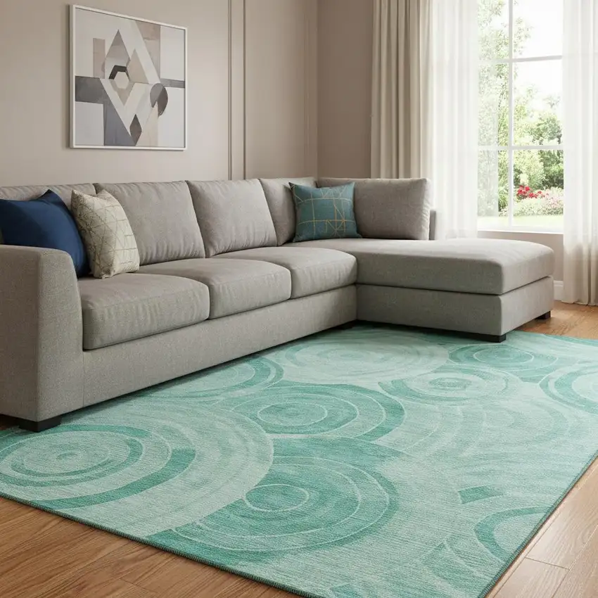 Teal And Ivory Geometric Washable Area Rug With UV Protection Photo 2