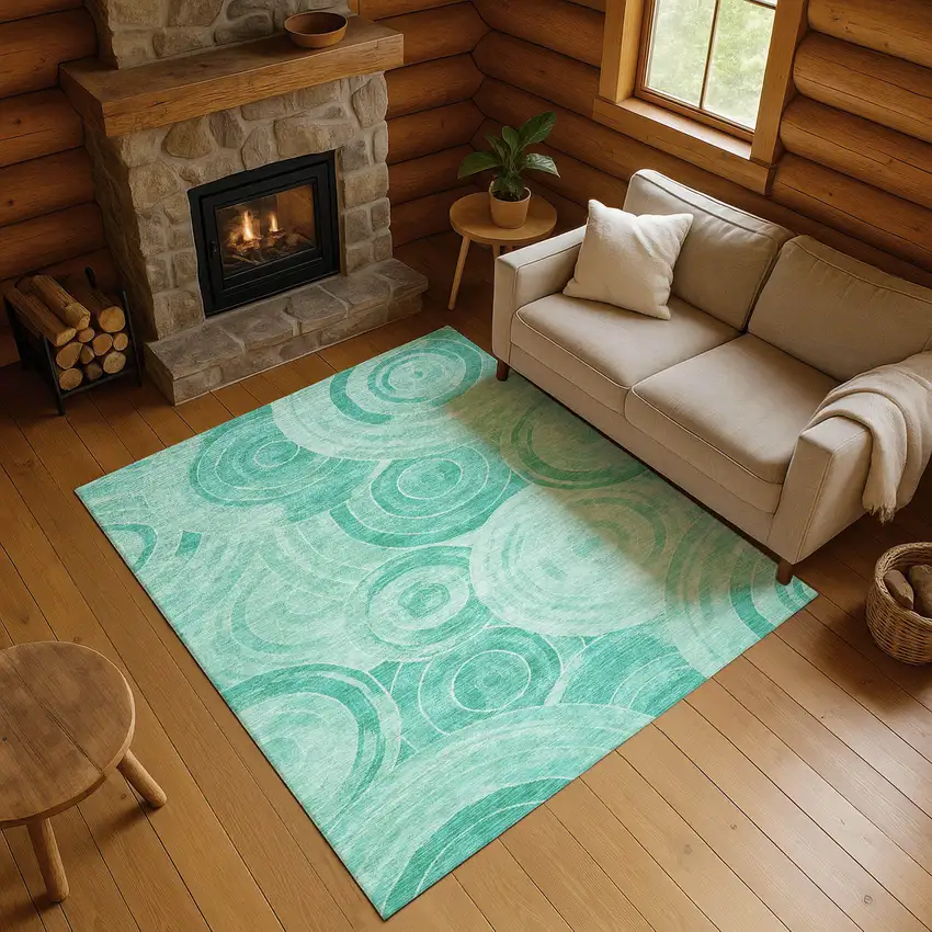 Teal And Ivory Geometric Washable Area Rug With UV Protection Photo 4