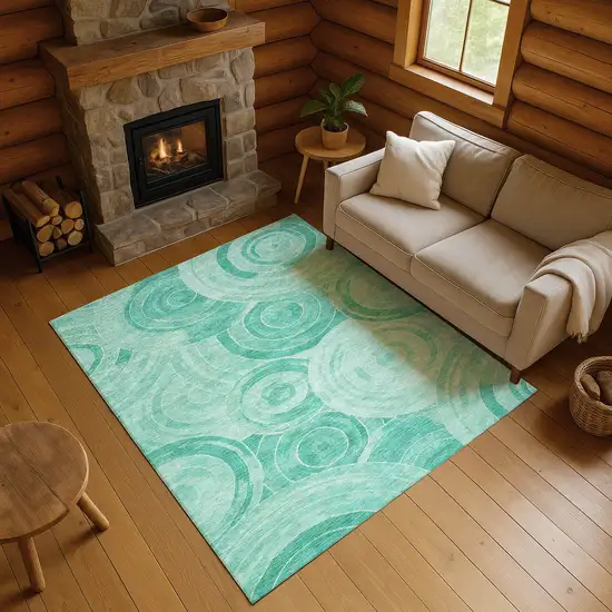 Teal And Ivory Geometric Washable Area Rug With UV Protection Photo 3