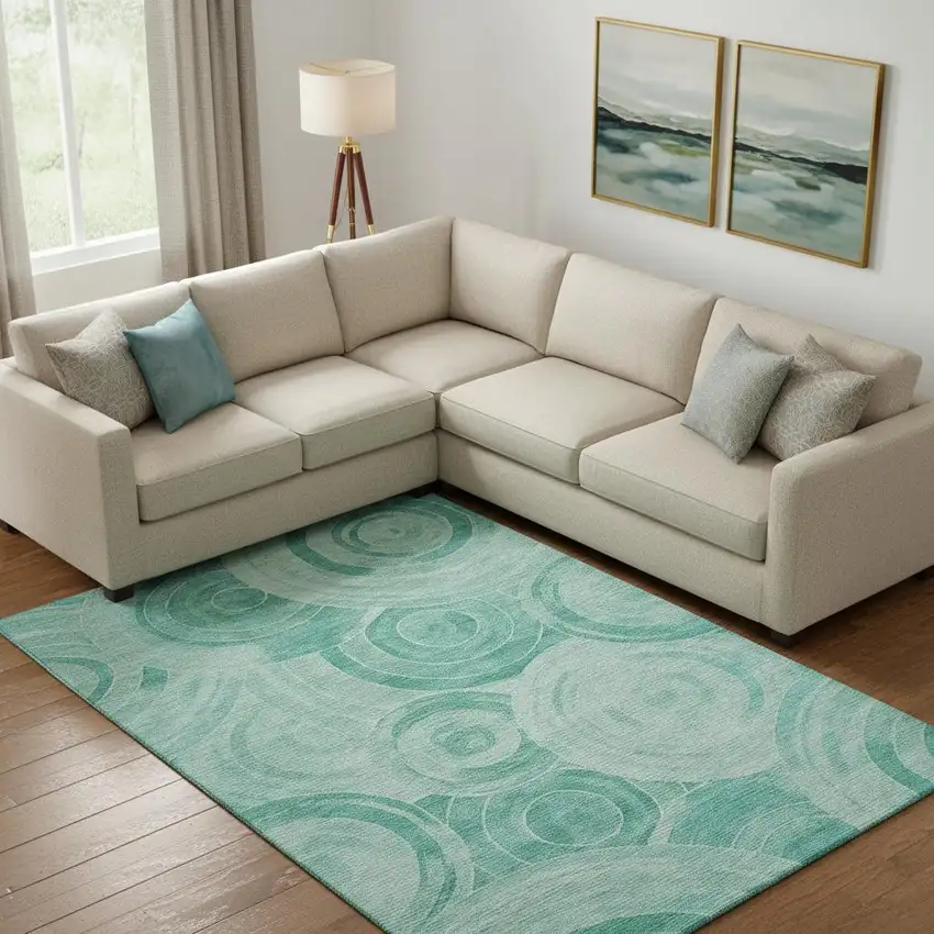 Teal And Ivory Geometric Washable Area Rug With UV Protection Photo 2