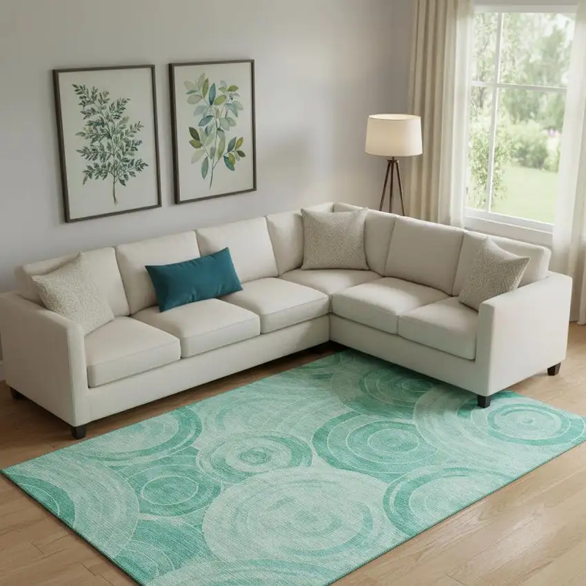 Teal And Ivory Geometric Washable Area Rug With UV Protection Photo 2