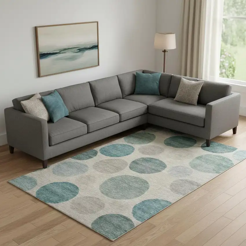 Teal And Ivory Geometric Washable Area Rug With UV Protection Photo 2