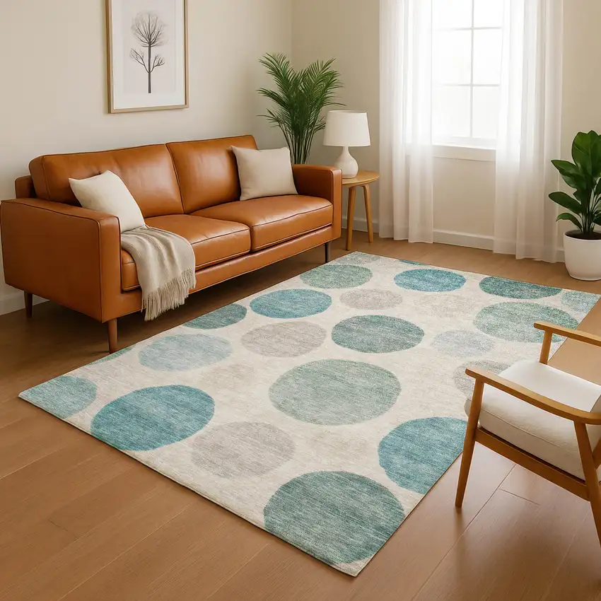Teal And Ivory Geometric Washable Area Rug With UV Protection Photo 5
