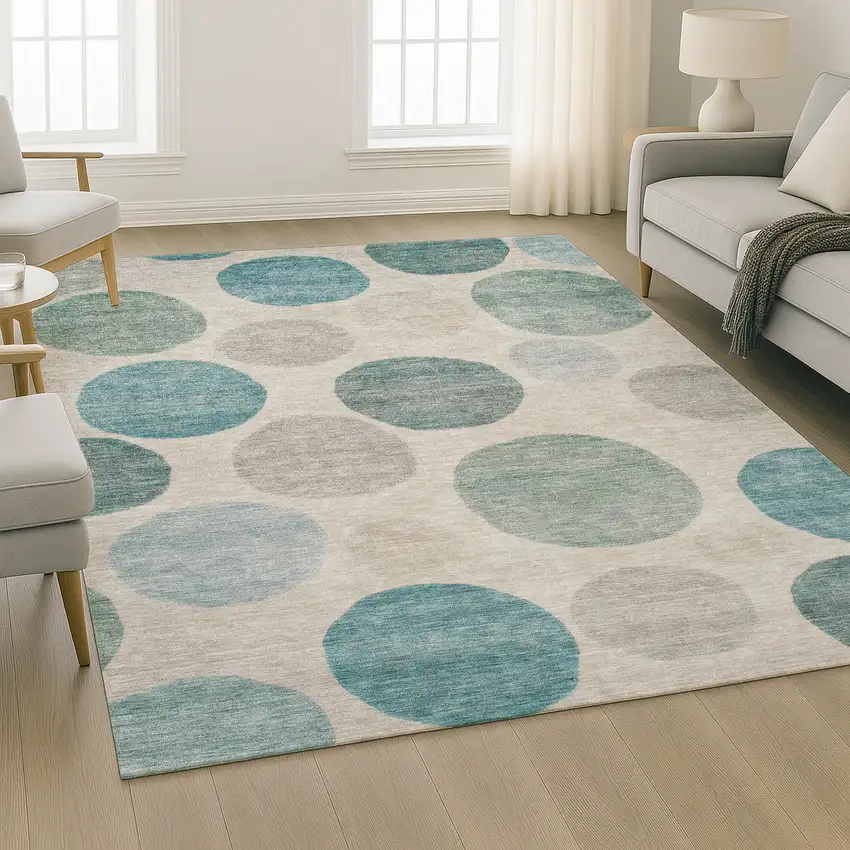 Teal And Ivory Geometric Washable Area Rug With UV Protection Photo 6