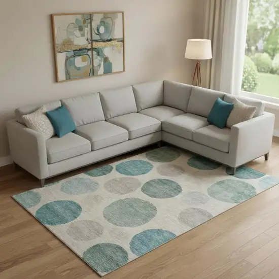 Teal And Ivory Geometric Washable Area Rug With UV Protection Photo 2