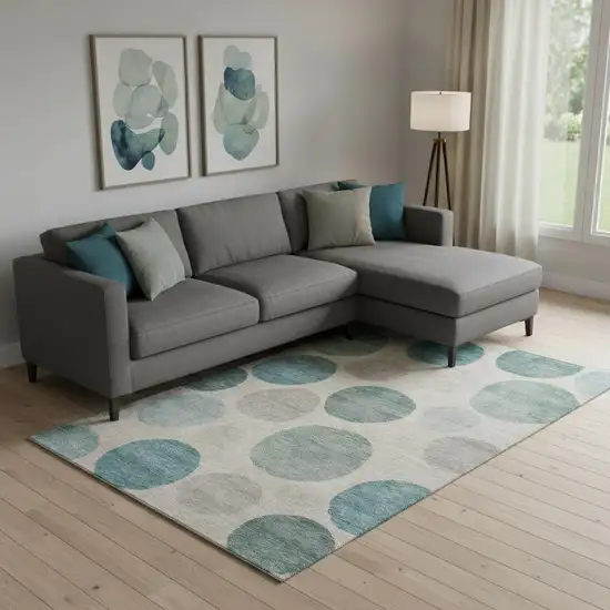 Teal And Ivory Geometric Washable Area Rug With UV Protection Photo 2