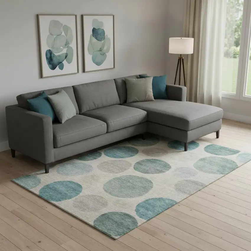 Teal And Ivory Geometric Washable Area Rug With UV Protection Photo 2