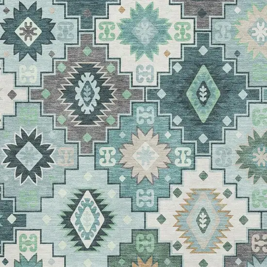 Teal And Ivory Geometric Washable Area Rug With UV Protection Photo 3