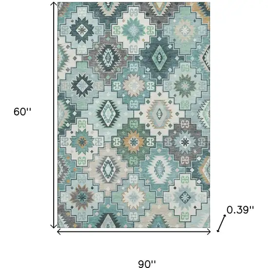 Teal And Ivory Geometric Washable Area Rug With UV Protection Photo 9