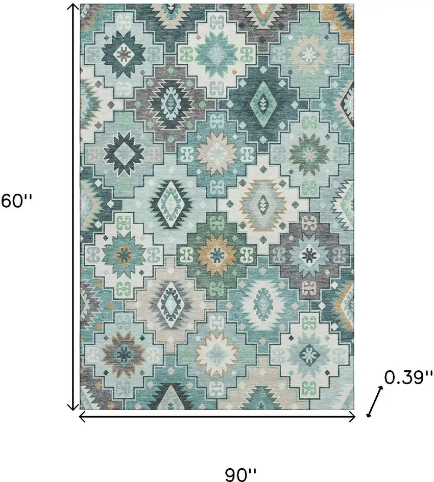 Teal And Ivory Geometric Washable Area Rug With UV Protection Photo 9