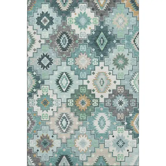 Teal And Ivory Geometric Washable Area Rug With UV Protection Photo 1