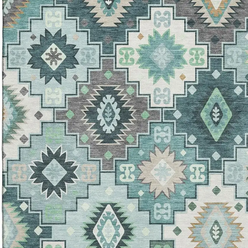 Teal And Ivory Geometric Washable Area Rug With UV Protection Photo 3