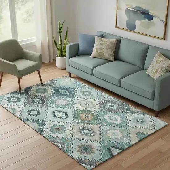 Teal And Ivory Geometric Washable Area Rug With UV Protection Photo 2