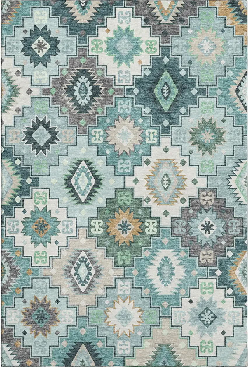 Teal And Ivory Geometric Washable Area Rug With UV Protection Photo 1