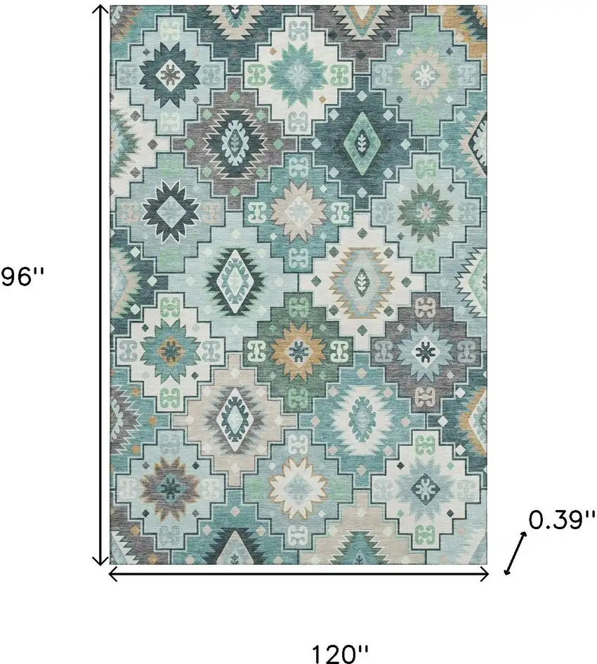 Teal And Ivory Geometric Washable Area Rug With UV Protection Photo 9