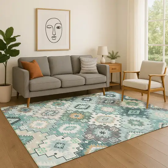 Teal And Ivory Geometric Washable Area Rug With UV Protection Photo 5